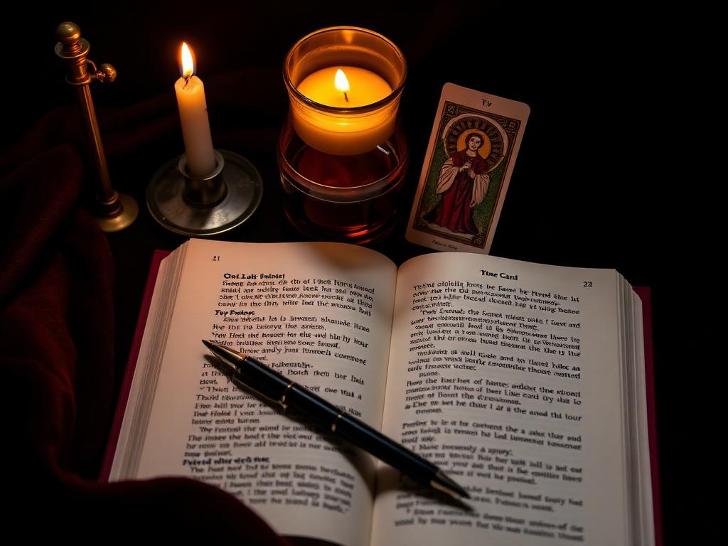 Cuaderno abierto con una lapicera, velas y una carta de tarot