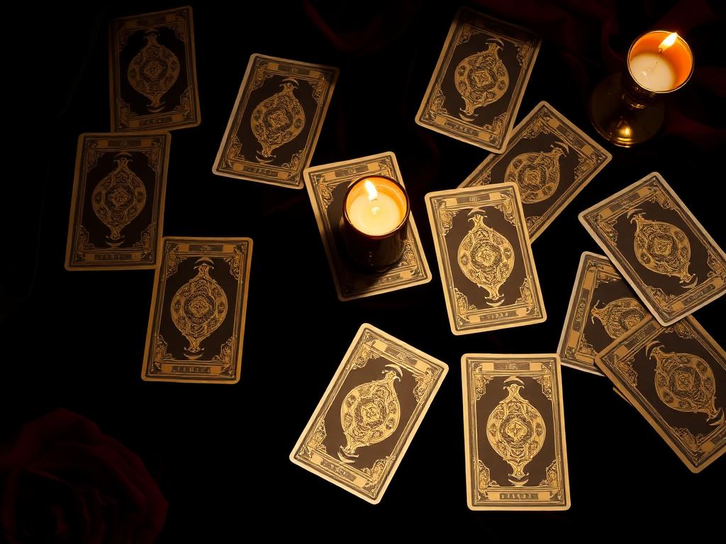 Cartas de tarot con dorso dorado dispuestas sobre terciopelo negro
