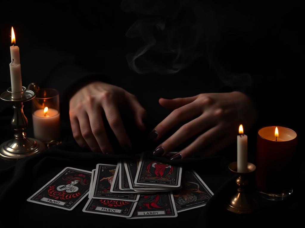 Manos en calma junto a un mazo de tarot y velas encendidas